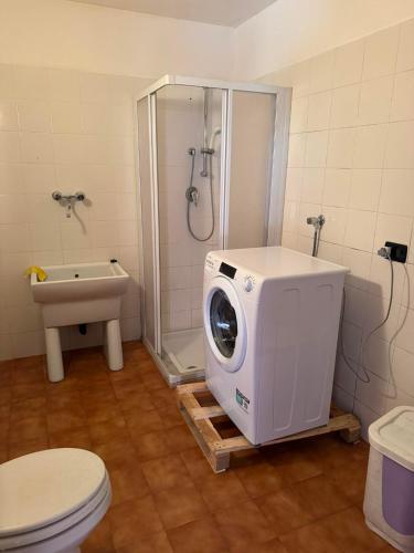 a bathroom with a shower and a toilet with a washing machine at Peperoncino Home in Pedeguarda