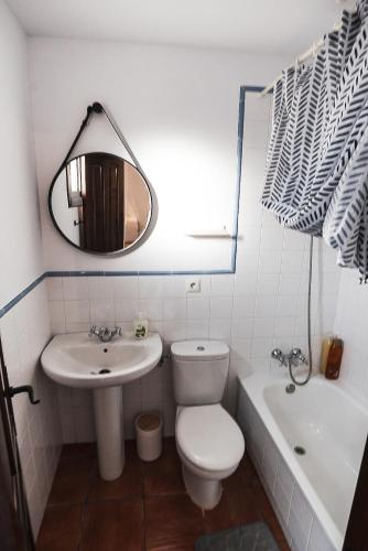 ein Badezimmer mit Toilette, Waschbecken und Spiegel in der Unterkunft Apartamento Torre y Sol in Écija