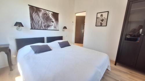 a bedroom with a white bed with two pillows on it at Villa Pibinson 3 chambres - piscine in Mougins