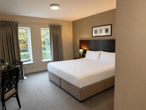 a hotel room with a bed and two windows at Wilton Hotel Bray in Bray