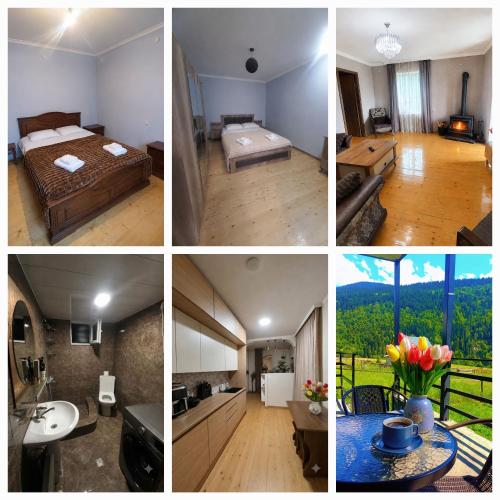 a collage of four pictures of a bedroom and a bathroom at Qristi's Guest House in Kashveti