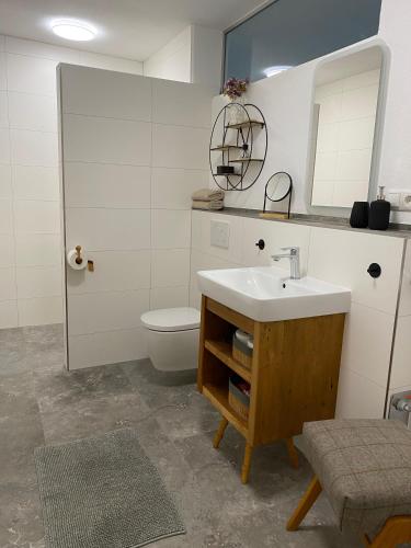 a bathroom with a sink and a toilet and a mirror at Stodl Living Chiemsee in Grabenstätt