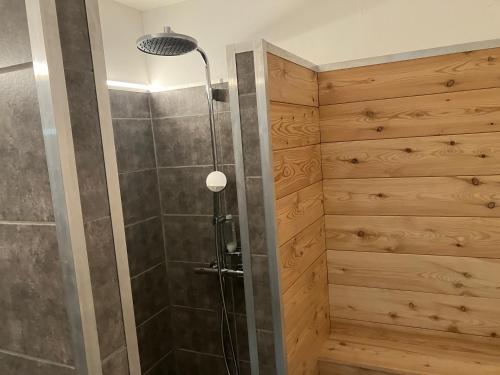 a shower with a glass door in a bathroom at Ferme de la Clarée in Névache