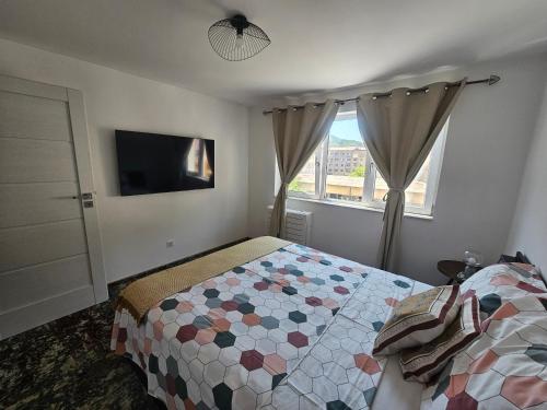 a bedroom with a bed and a tv and a window at Luca apartament 3 camere in Băile Herculane
