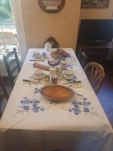 a table with plates of food on it at Chambre d hote bucolique in Mahalon