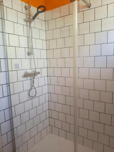 a bathroom with a shower with white tiles at Chambre d'hôte Mont mouton in Laferté-sur-Amance