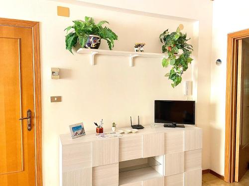 a living room with a television and plants on the wall at Crateri e coralli in Mascali