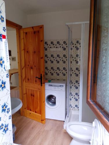 a bathroom with a washing machine and a washer at monolocale Sabrina in Torgnon