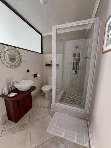 a bathroom with a shower and a sink and a toilet at Field's Rest in Port Elizabeth