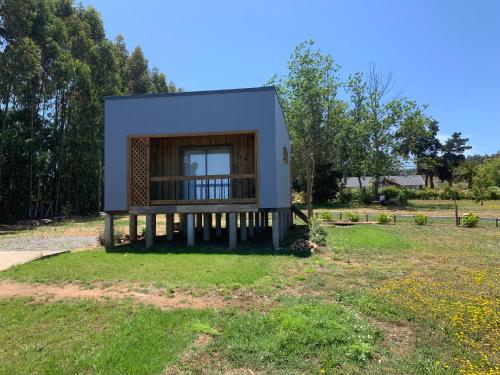 a small house in a field with a yard at Viejo Boldo hotel y cabañas in Curepto