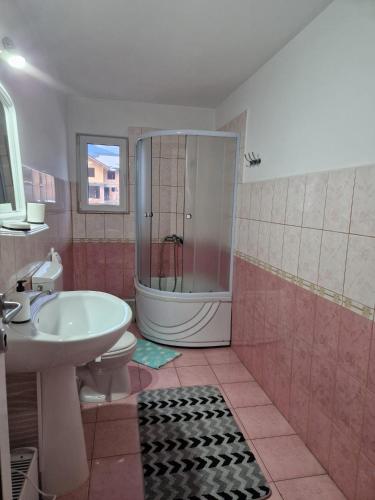 a bathroom with a shower and a toilet and a sink at Pensiunea Sanlex in Bicaz