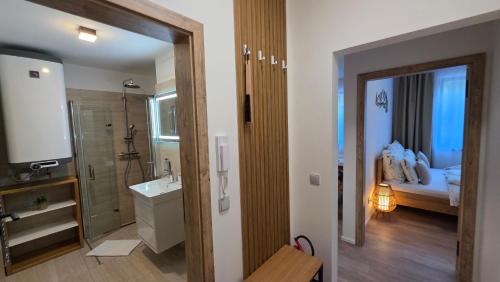 a bathroom with a bedroom with a bed and a sink at Apartmán Mlýn 208 in Vrchlabí
