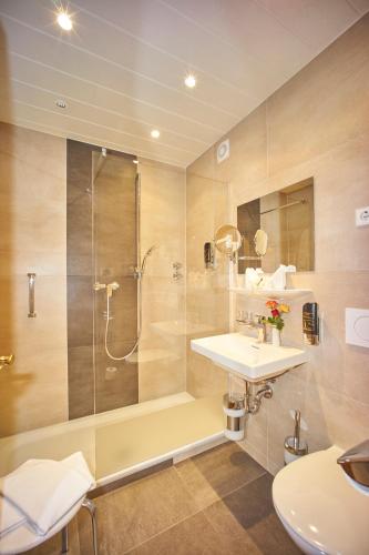 a bathroom with a shower and a sink and a toilet at Alpenhof Grainau in Grainau