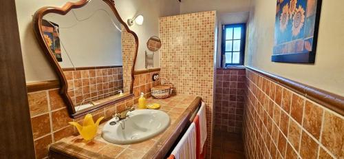 a bathroom with a sink and a mirror at Casa Turística Los Girasoles 