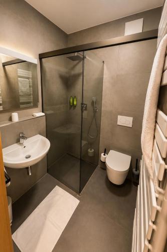 a bathroom with a shower and a toilet and a sink at Hotel am Hardtsee in Ubstadt-Weiher