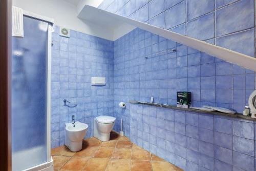 a blue tiled bathroom with a toilet and a sink at Fattoria San Pio in Naso
