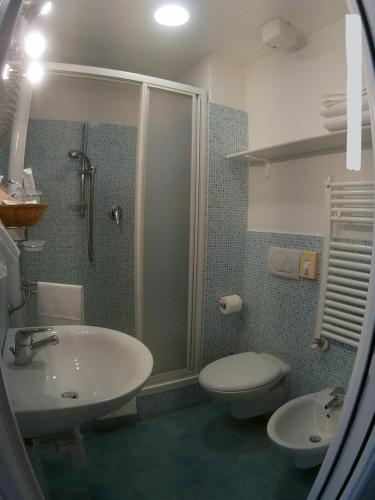 La salle de bains est pourvue d'un lavabo, de toilettes et d'une douche. dans l'établissement Hotel Al Capo, à Varigotti