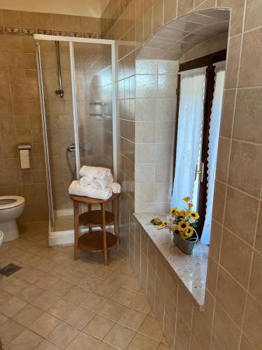 a bathroom with a shower and a toilet at Casa Anima Allegra in Triban