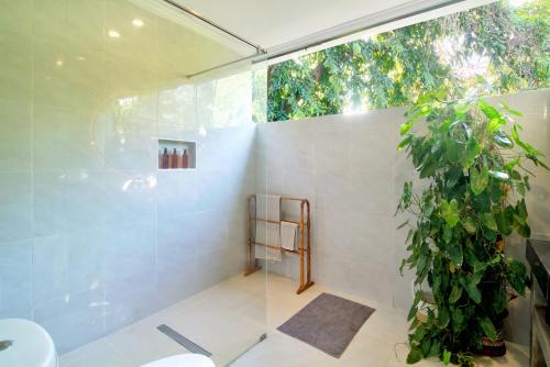 a bathroom with a shower with a plant in it at Selasih Beach House in Seminyak