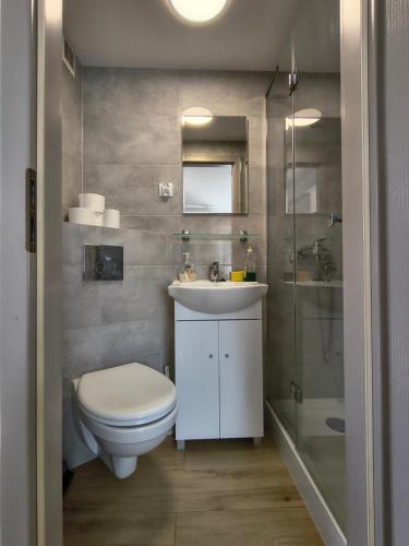 a bathroom with a toilet and a sink and a shower at U Grażyny in Kołobrzeg