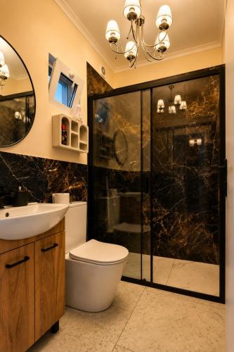 a bathroom with a shower and a toilet and a sink at "Route 62" Airport Modlin 24h in Goławin
