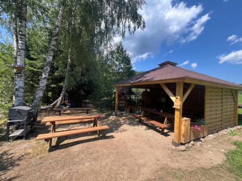 a picnic shelter with a picnic table and benches at Penzion Alpský Dům in Železná Ruda