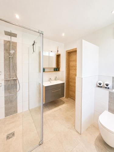a bathroom with a shower and a toilet and a sink at Apartment Kaiblingblick in Haus im Ennstal