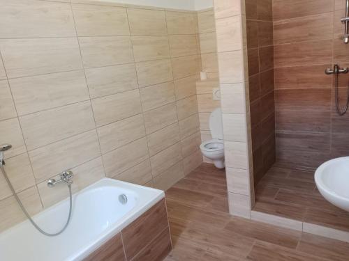 a bathroom with a tub and a sink and a toilet at Apartmán Netolice in Netolice