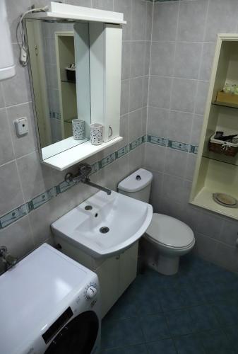 a bathroom with a sink and a toilet and a mirror at Q-Art Hidden Garden City Centre in Novi Sad
