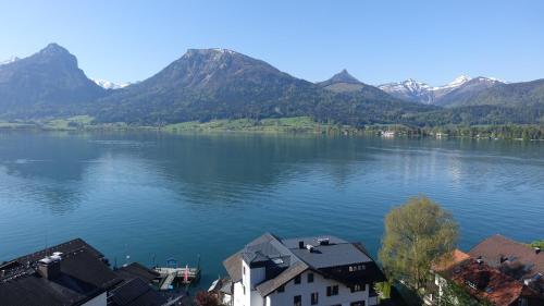 a view of a large body of water with mountains at Lake View Apartment in St. Wolfgang