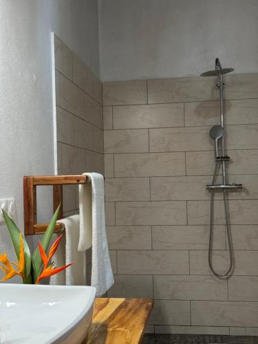 a bathroom with a white tub and a shower at Mahé Lodge, Nosy Be in Nosy Be