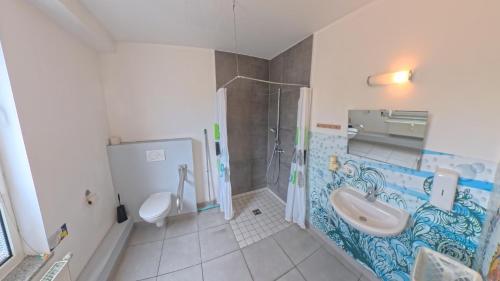 a bathroom with a shower and a sink and a toilet at Babelfish Hostel in Würzburg