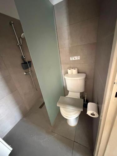 a bathroom with a toilet and a shower at Riana Latchi Apartment in Polis Chrysochous