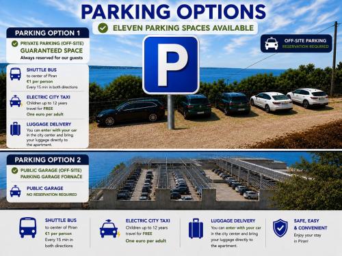 a sign for a parking lot with cars parked at Grand Apartment Piran in Piran