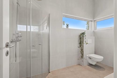 a white bathroom with a shower and a toilet at Three bedrooms house in Holmestrand