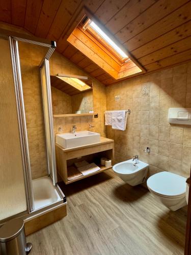 a bathroom with a shower and a sink and a toilet at Gasthof Paul in Natz-Schabs