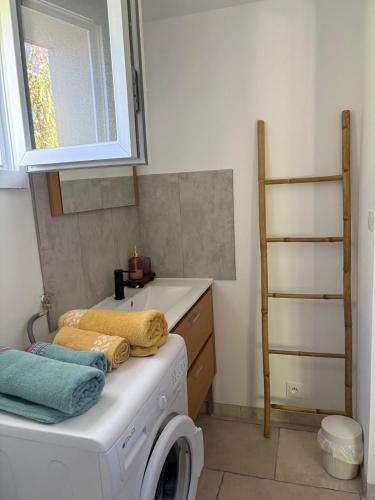 a laundry room with a washing machine and a window at Charmant chalet en montagne in Petreto-Bicchisano