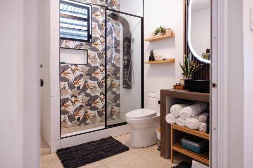 a bathroom with a shower with a toilet and a mirror at 6BR Beachfront Compound w-Generator & Games in Camuy