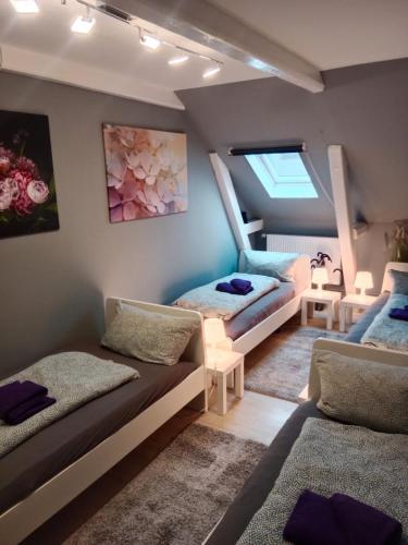 a living room with three beds and a window at FördeFlats in Flensburg