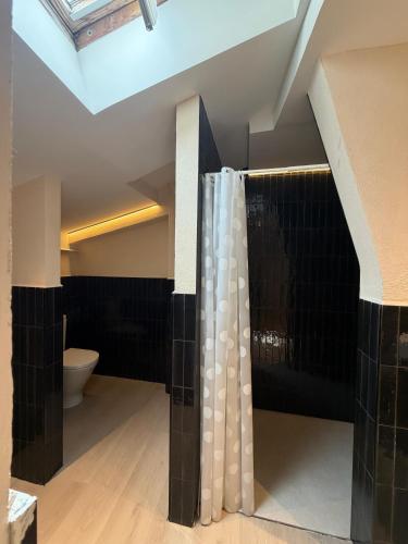 a bathroom with a toilet and a shower curtain at Bearan Rooms 2 in Pamplona