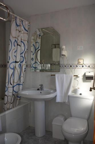 a bathroom with a sink and a toilet and a mirror at Hostal Manolete in Lanjarón