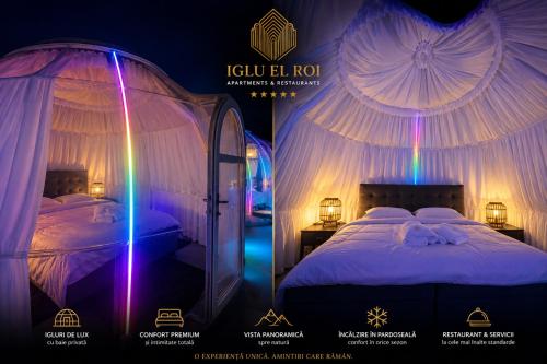 two beds in a room with a tent at Iglu El Roi in Gura Humorului