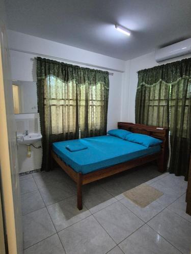 a bedroom with a blue bed and a sink at Sterappel Sun Stay in Paramaribo