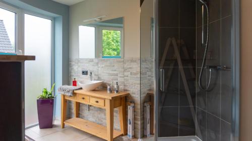 a bathroom with a sink and a shower at Niederrheinhaus in Rheinberg