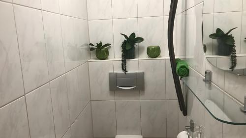 a bathroom with potted plants on the wall at Blue-House Mosel in Piesport