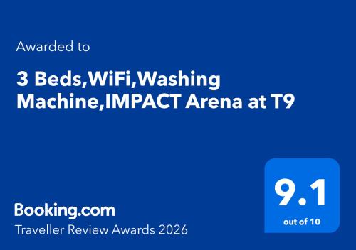 a blue screen with the words beds wifi washing machineimpact area at 3 Beds,WiFi,Washing Machine,IMPACT Arena at T9 in Ban Bang Phang