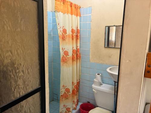 a bathroom with a toilet and a shower curtain at Auto Hostal Jaramisol in Jaramijó