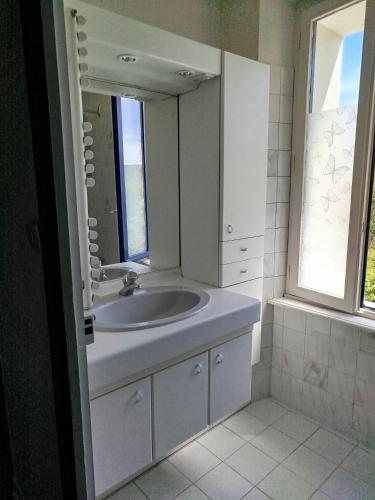 a white bathroom with a sink and a mirror at Les lilas in Moëlan-sur-Mer