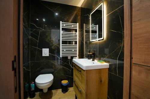 a bathroom with a white toilet and a sink at Studio M Les Suites Du Roubion in Montélimar