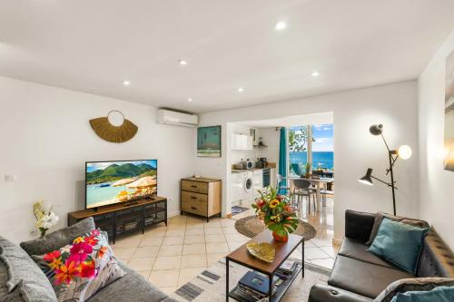 a living room with a couch and a tv at Watalibi - Beachfront apartment Grand-Case in Grand Case